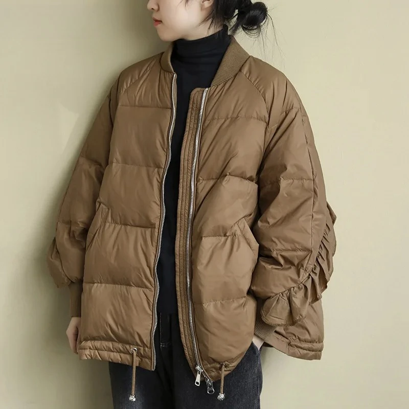 

Новая осенне-зимняя модная теплая верхняя одежда: пальто с рюшами на рукавах, женская куртка из белого утиного пуха высокого качества