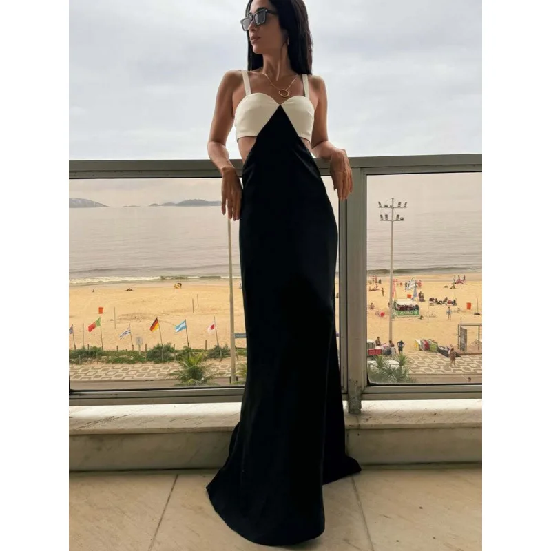 

Длинное платье с цветными блоками, женское модное платье с цветными блоками, сексуальное платье с большим подолом на бретельках, халат, женское элегантное платье