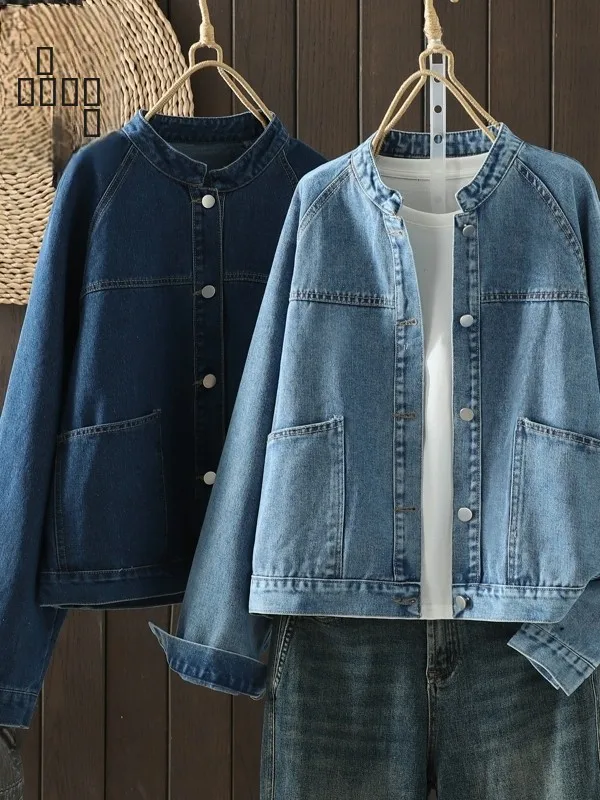 

Джинсовая рубашка-куртка свободного кроя с длинными рукавами, на пуговицах, с воротником-стойкой, для женщин больших размеров, повседневная, с завышенной талией, для фигуры типа «груша»