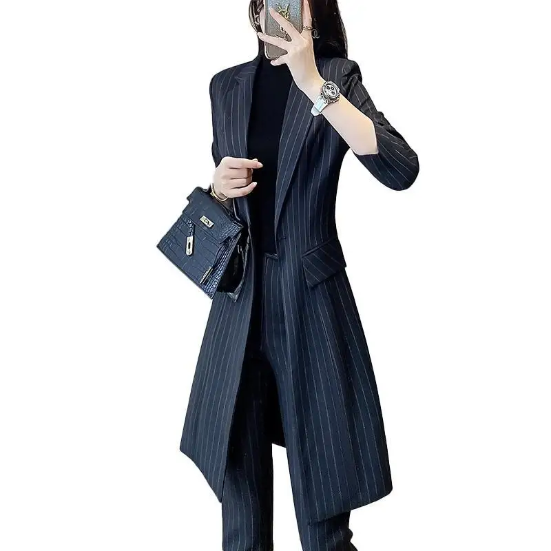 2-G5  Fashion suit for women 2023 new black stripes capable temperament professionmal windbreaker long suit two-piece suit