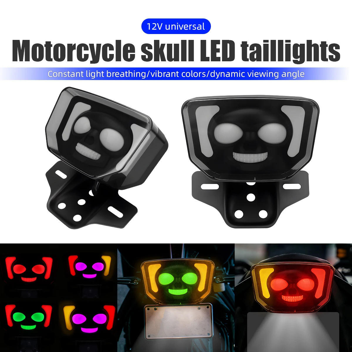 Motorcycle LED Integrated Tail Light Skull Head Colorful Rear Turn Signal Brake Lamp Universal Dynamic Warning Indicator Blinker - view 3