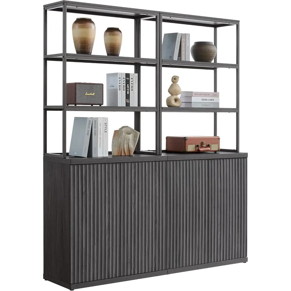 

6-Tier Tall Metal Bookshelf with Bottom Cabinet, Storage for Living Room, Home Office, Kitchen