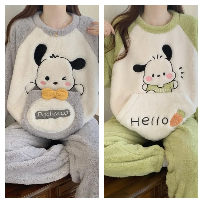 Cute Pochacco Kuromi Anime Character Warm Sleepwear For Women In Winter With Thick Velvet That Can Be Worn Outside