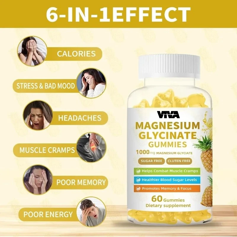Pineapple Flavored Magnesium Glycinate Gummies 1000mg Sugar Free Potassium Supplement - 60 Count Magnesium Potassium Complex