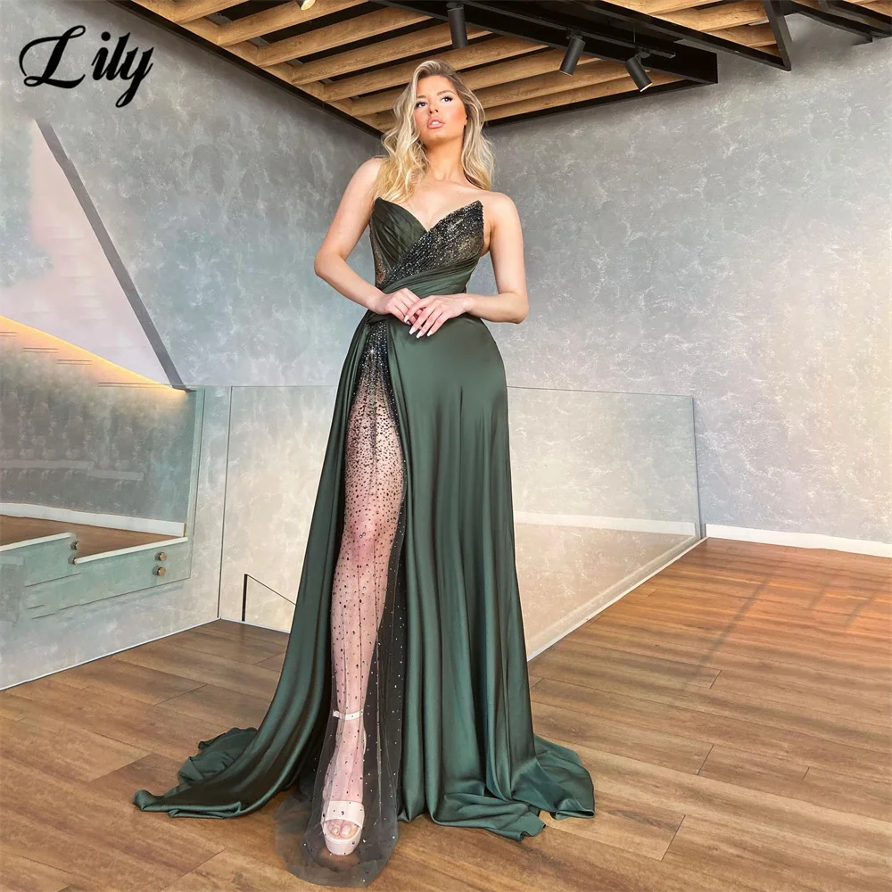 

Lily Sexy Black Evening Dress Sweetheart Beach Satin Party Dress Lace Glitter Mermaid Prom Dress Sexy Side High Split 프롬드레스