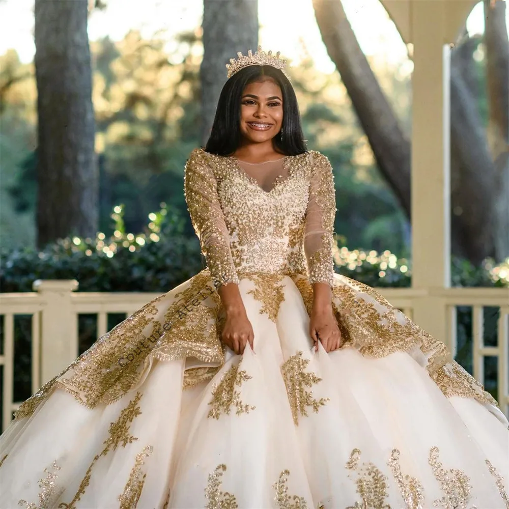 แชมเปญแขนยาวบอลชุด Quinceanera อย่างเป็นทางการ Prom การสำเร็จการศึกษา Gowns Lace Up เจ้าหญิงหวาน16 Vestidos De 15