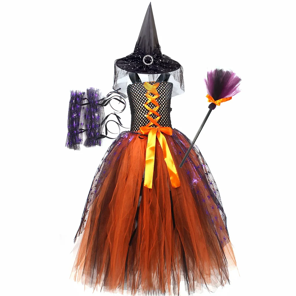 Halloween Witch Cosplay Girl Costume Dark Gothic Elegant Kids Evil Queen Gown Tutu Dress with Headband Broom Vampire Dresses