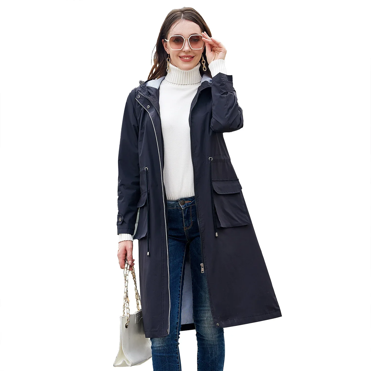 

Autumn Trench Coats Women Long Sleeve Hooded Jackets Waterproof Clothes Fashion Design Casual Elegant Europe Ladies Outwear