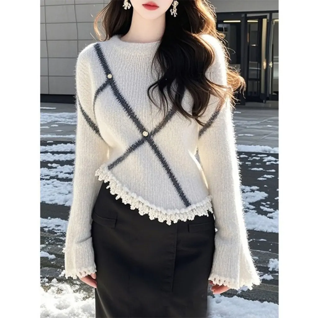 

Нежный контрастный кружевной вязаный свитер с круглым вырезом и длинными рукавами в корейском стиле для женщин, свободный облегающий крой на осень-зиму, универсальный
