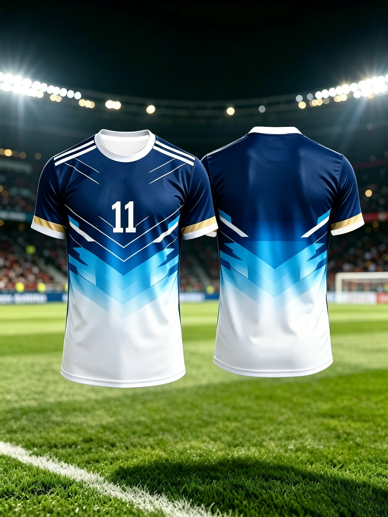 Gradient Geometry Sports Short Sleeve T-shirt with 11 Football Style Printed Top