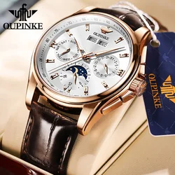 OUPINKE Men's Watches Luxury Automatic Mechanical Wirstwatch Moon Phase Sapphire Multifunctional Watch for Man Leather Bracelet