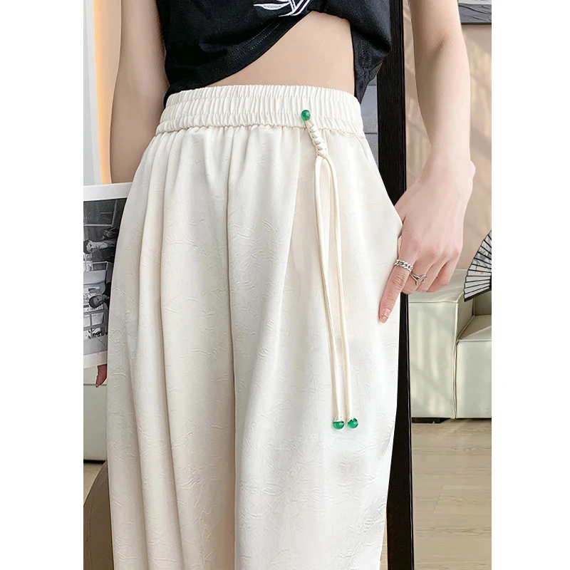 Women's Fashion Satin Chinese Style Vintage Elegant Wide Leg Pants Summer Female Casual High Waist Solid Loose Straight Trousers