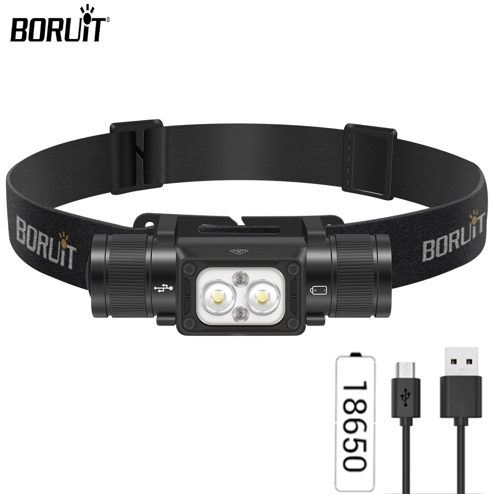 BORUiT HP340 Super Bright LED Headlamp 18650 Battery Type-C Rechargeable Headlight Waterproof Fishing Head Torch Camping Lantern