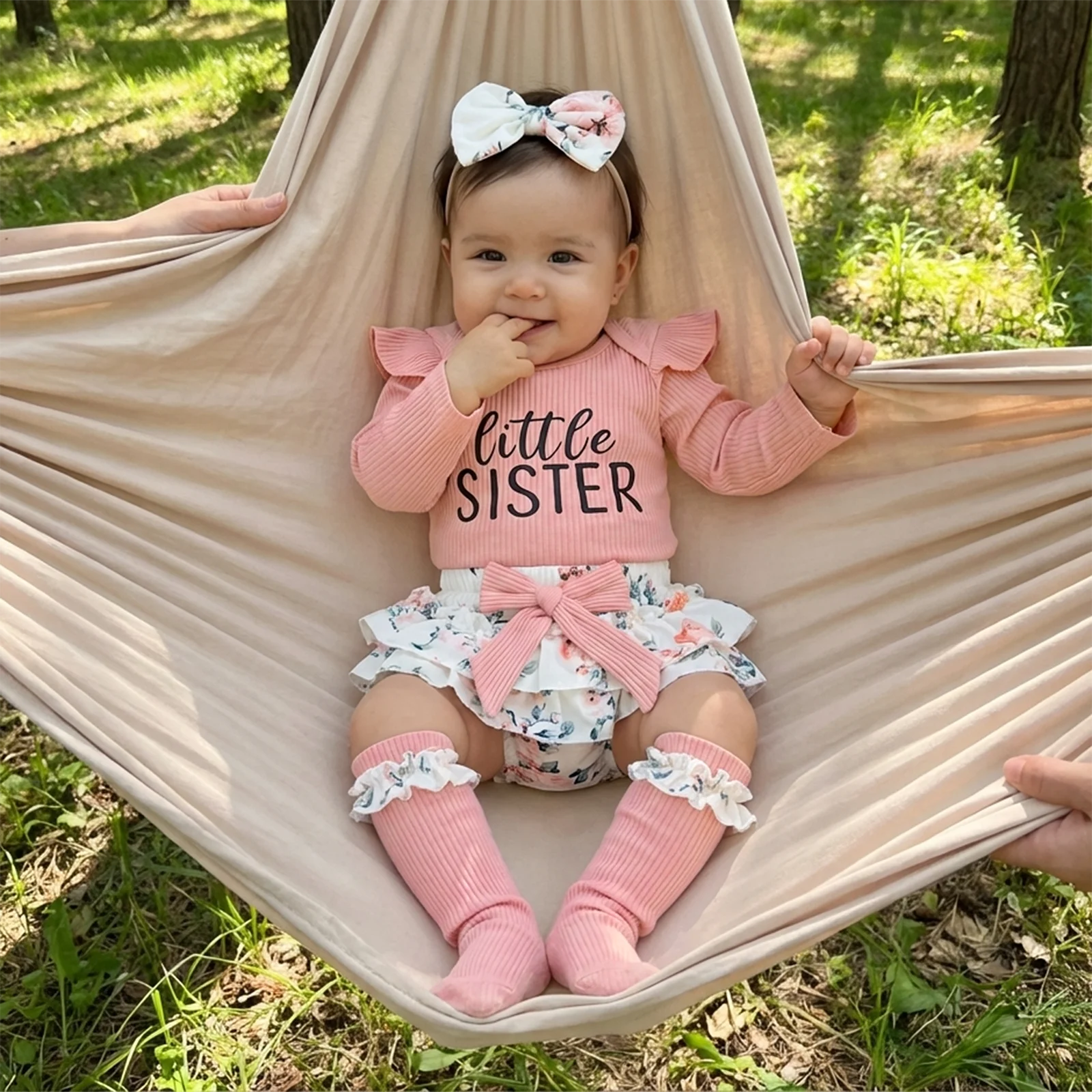 Baby Girl Spring Outfit Letter Print Ruffled Long Sleeve Ribbed Romper Bow Layered Ruffled Skirt Headband and Stockings 4Pcs Set