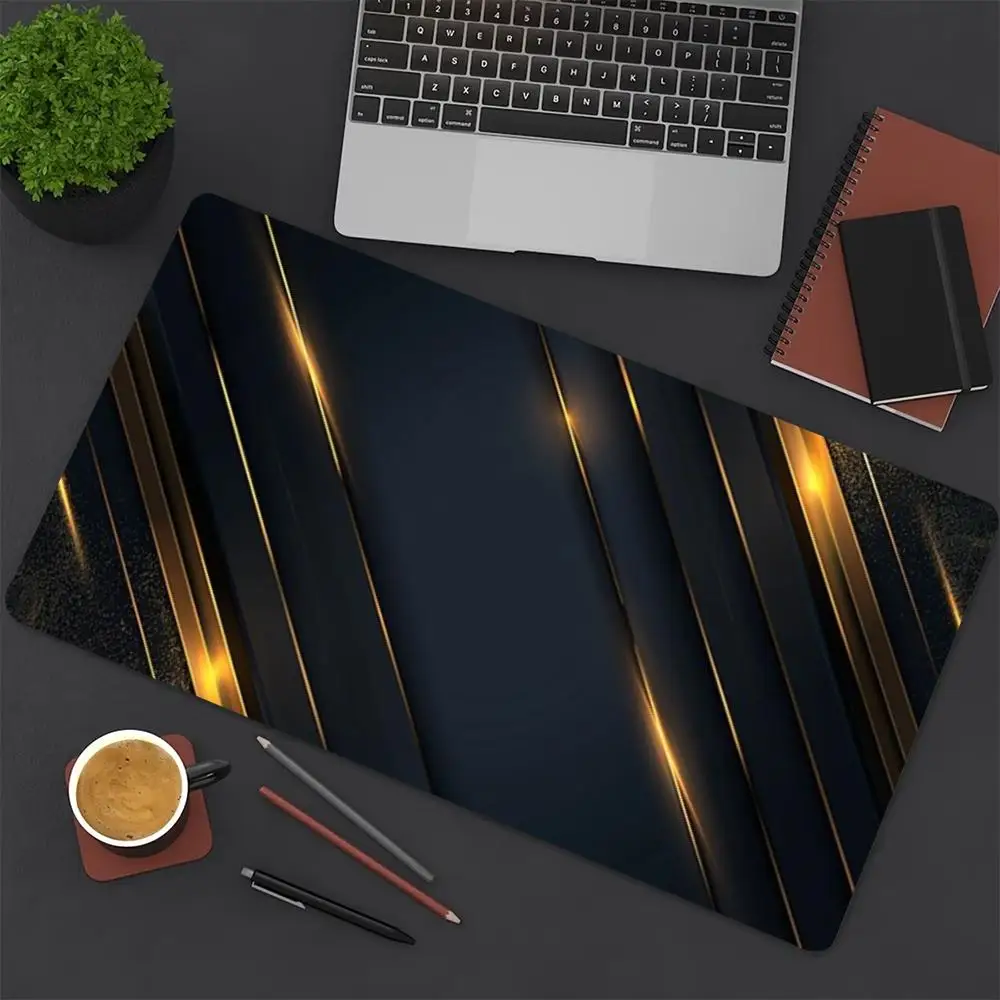 Large Mouse Pad Black Gold Geometric Line Print Stitched Edge Anti‑Slip Rubber Desk Mat for Gaming Working Home Office Decor