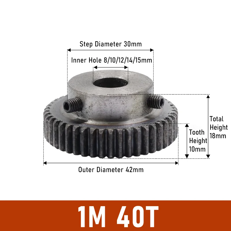 1 Module Spur Gear 1M 40 Teeth/42 Teeth/45 Teeth Standard Hole 8mm/10mm/12mm/14mm/15mm Precision 45# Steel Motor Boss Gears