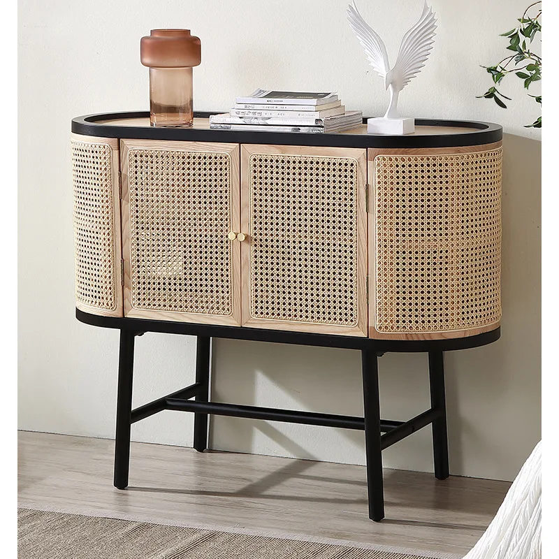 

Скандинавский обеденный боковой шкаф из цельного дерева, современный простой боковой шкаф для гостиной из черного ореха, чайный шкаф из ротанга