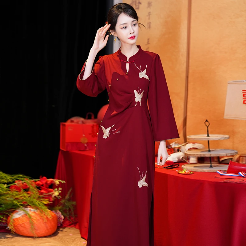 Chinese Embroidery Modified Qipao Dress, Burgundy Red Long Sleeve Cheongsam, Vintage Traditional Women's Party Cocktail Dress