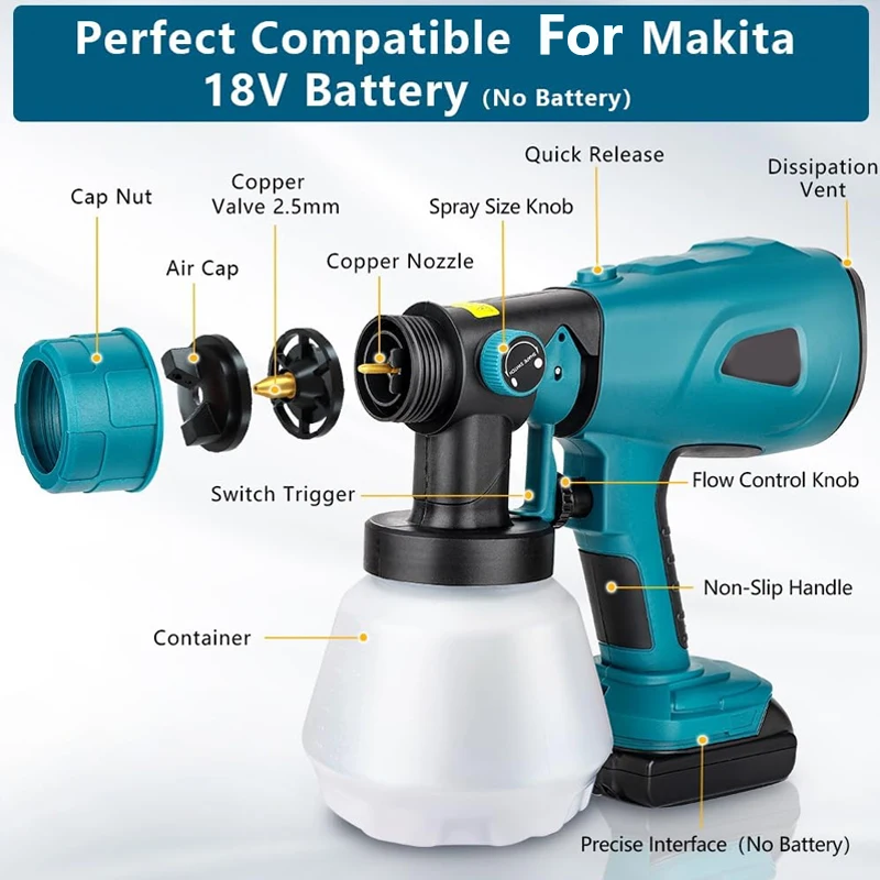 800ML Portable Paint guns For Makita/Dewalt/Bosch/Milwaukee/Ryobi 18V 20V Battery Cordless Electric Spray Gun Tool accessories