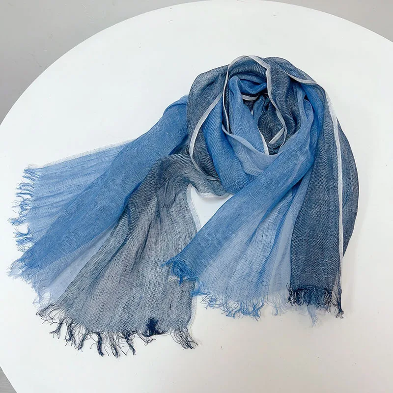 100% Linen Solid Color Mens' Scaves Blue Striped Summer Spring Shawls With Tassels 50*180cm