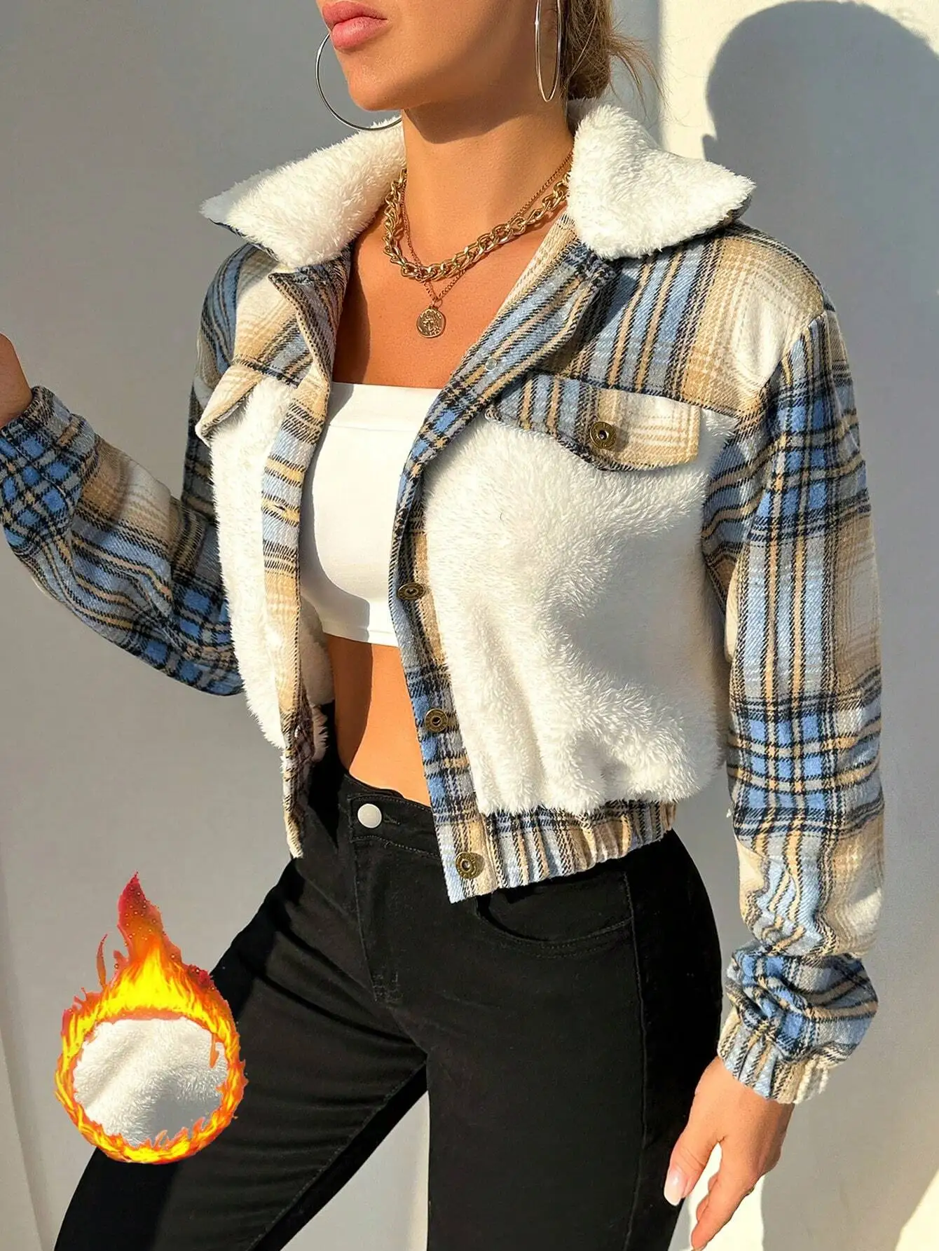 

Plaid Print Faux Fur Lined Cropped Jacket for Women Fall Winter