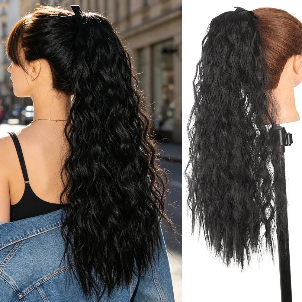 16/24Inch Synthetic Long Kinky Curly Ponytail Drawstring Clip In Ponytail Black Blonde Hair Extension for Women ﻿