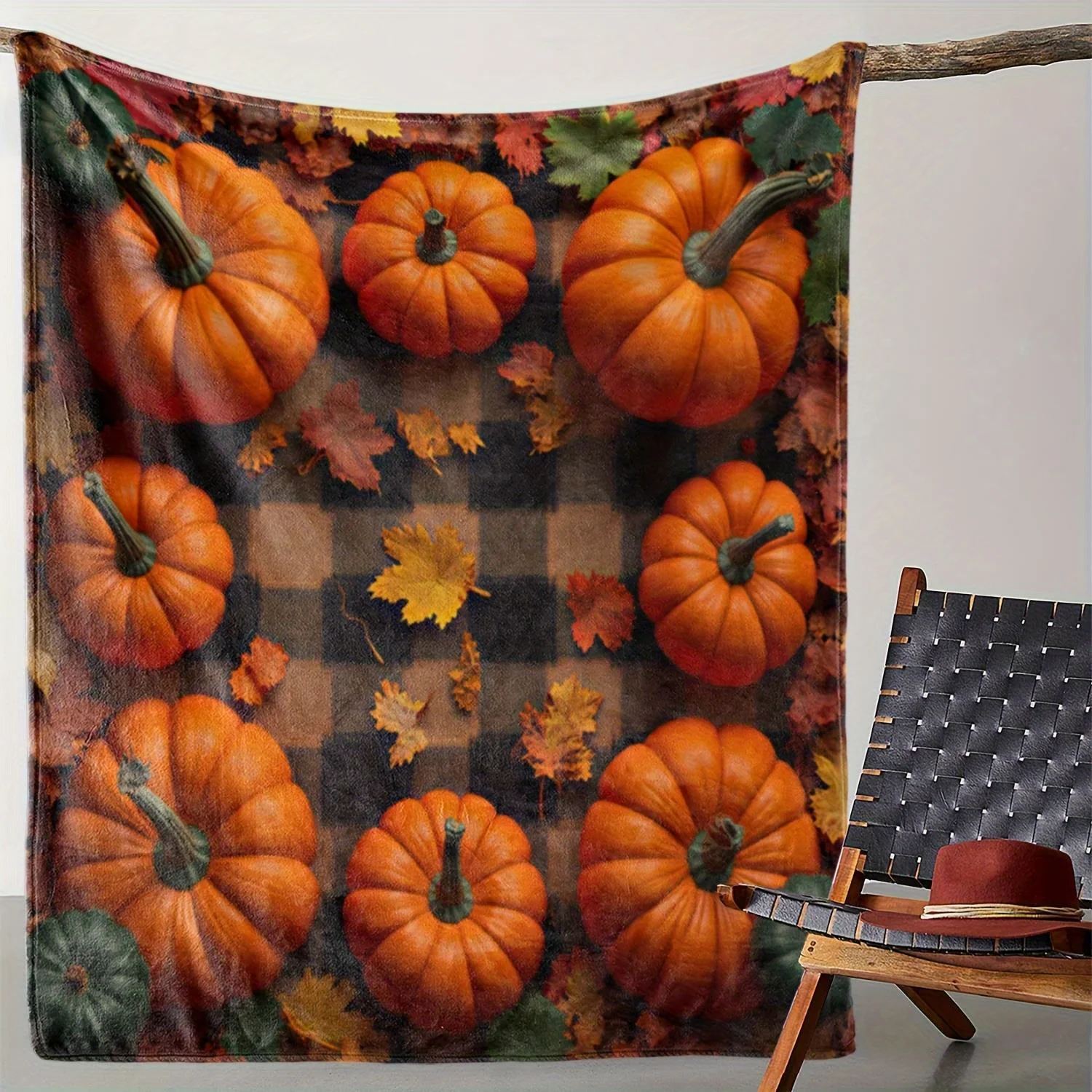 Sdoo Plush Flannel Blanket Soft Throw with Pumpkin Patch Design in Orange, Brown, Yellow, Red Couch, Bed