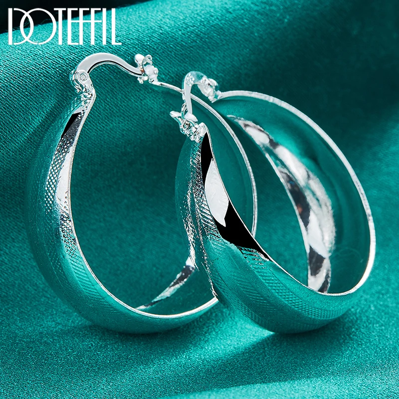 DOTEFFIL 925 Sterling Silver Matte Parallel Smooth Hoop Earring For Woman Wedding Engagement Party Fashion Charm Jewelry