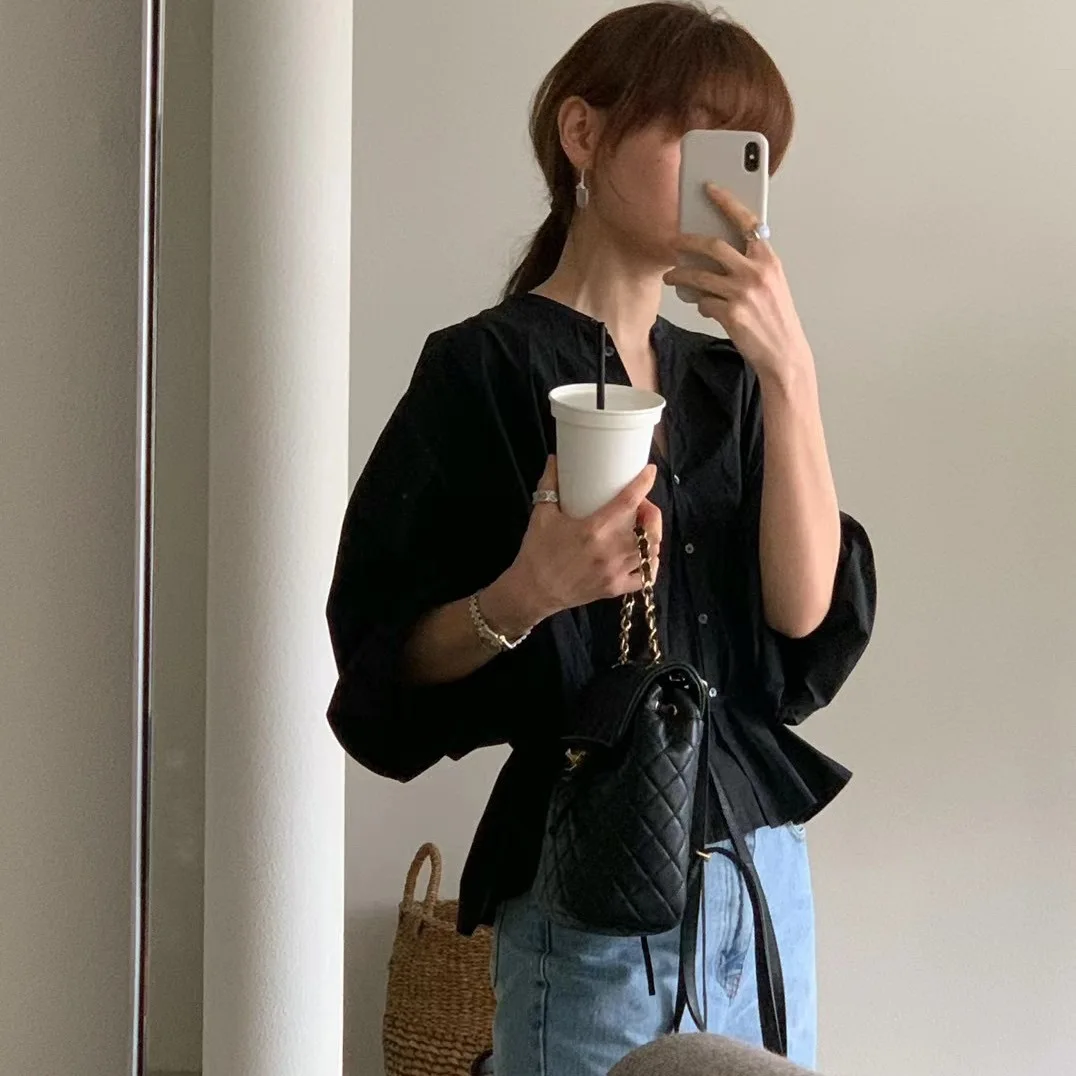 

Ele Simple Two-tone Loose Waist irt with Large Sves Korean Sle Commute Breathable Thin Long Sve Women's irt