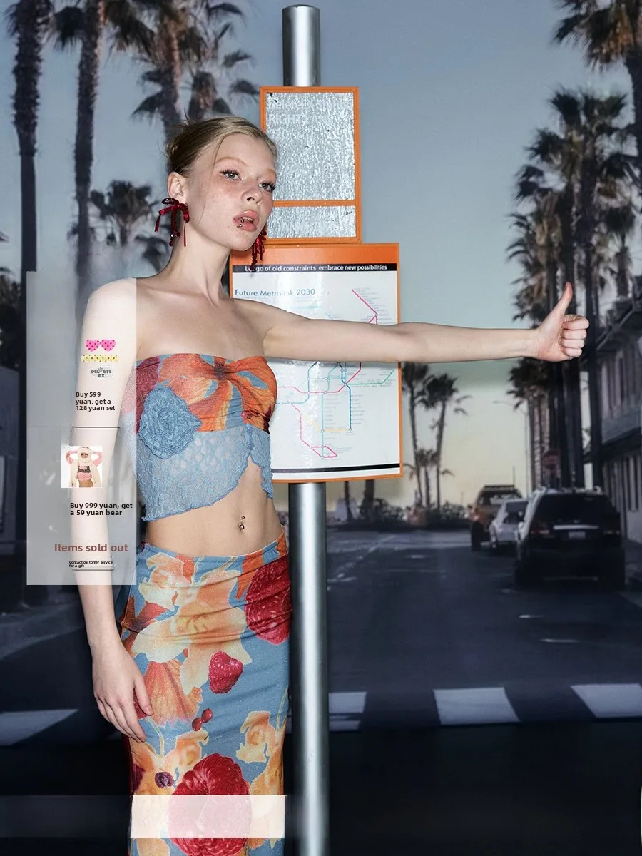 

Sexy Island Vaion Print Crop Top Tank Top Lace Detailing Hot Beach Summer Faion ort Length Polyester Spandex Blend