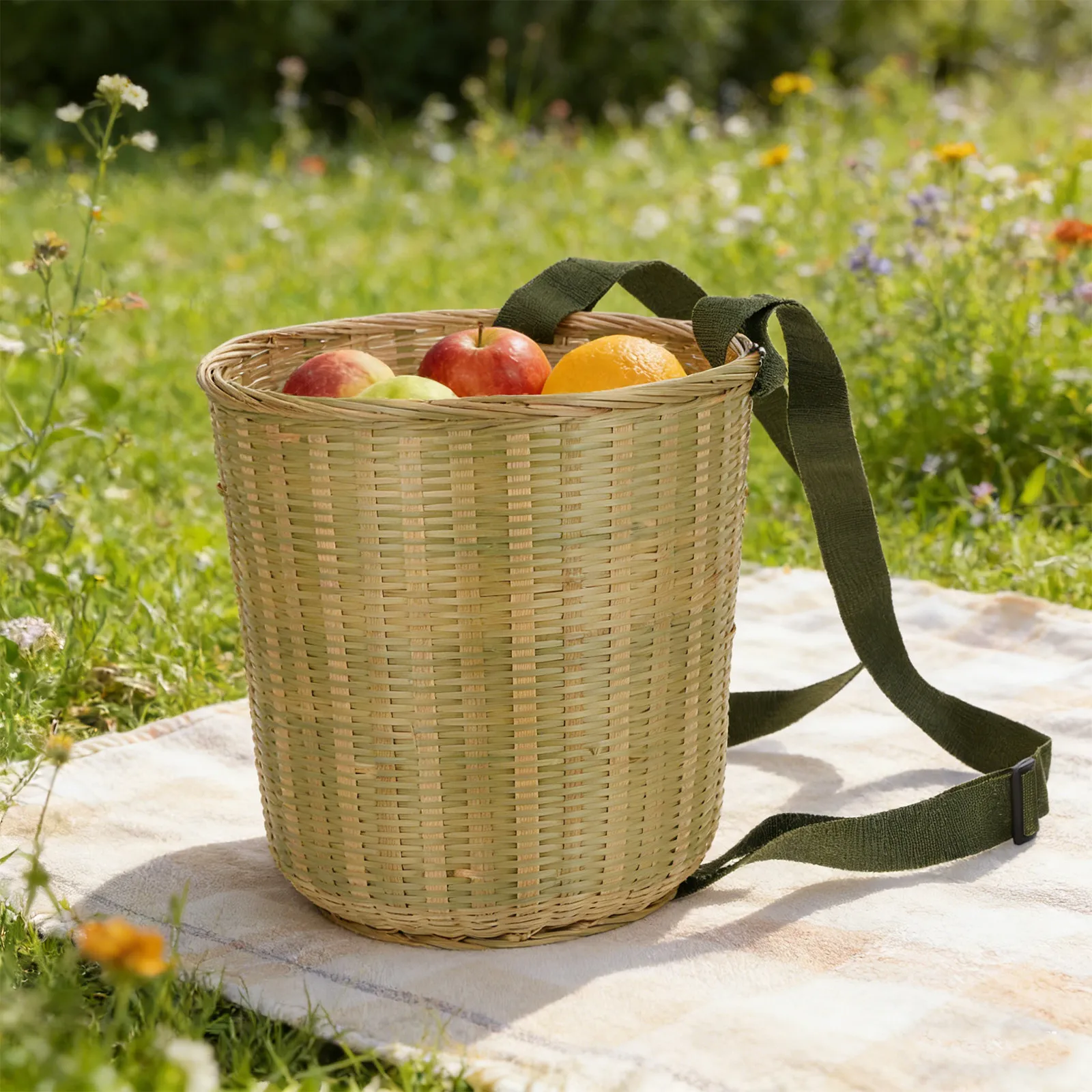 

Bamboo Handwoven Backpack Round Picnic Basket Double Shoulder Straps Outdoor Foraging Hiking Mushroom Picking Storage Basket
