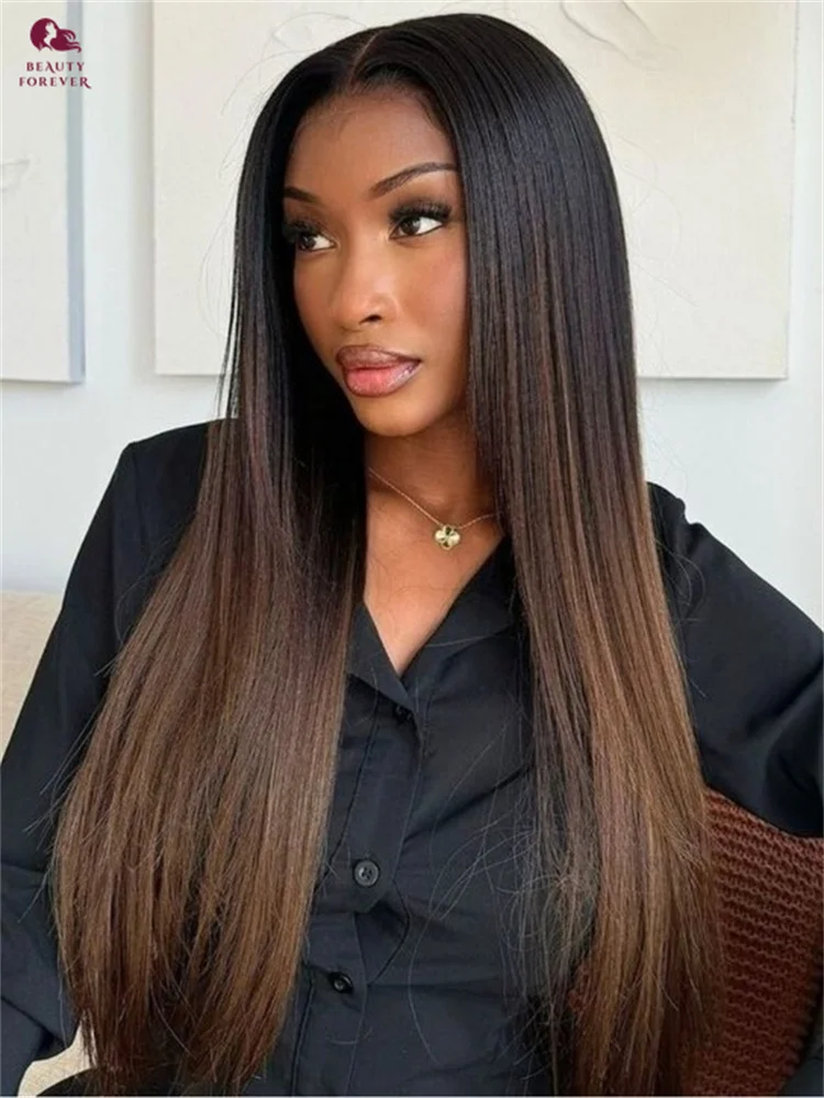 

Beauty Forever Chestnut Brown Ombre Yaki Straight Glueless Wig 7x5 Bye Bye Knots Glueless Human Hair Wigs With Drawstring 150%