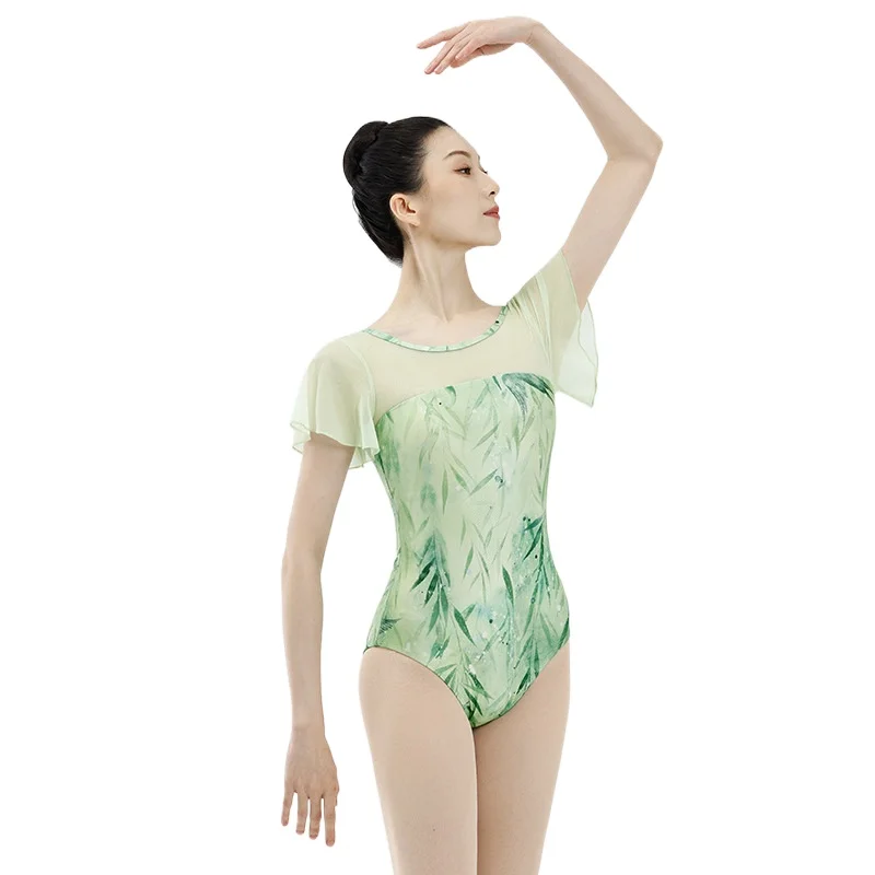 

Flying Sleeves Willow Leaf Print Gymnastics Leotard Bodysuit Ballet Costume Leotard For Chiffon Performance Aerial Yoga Clothing