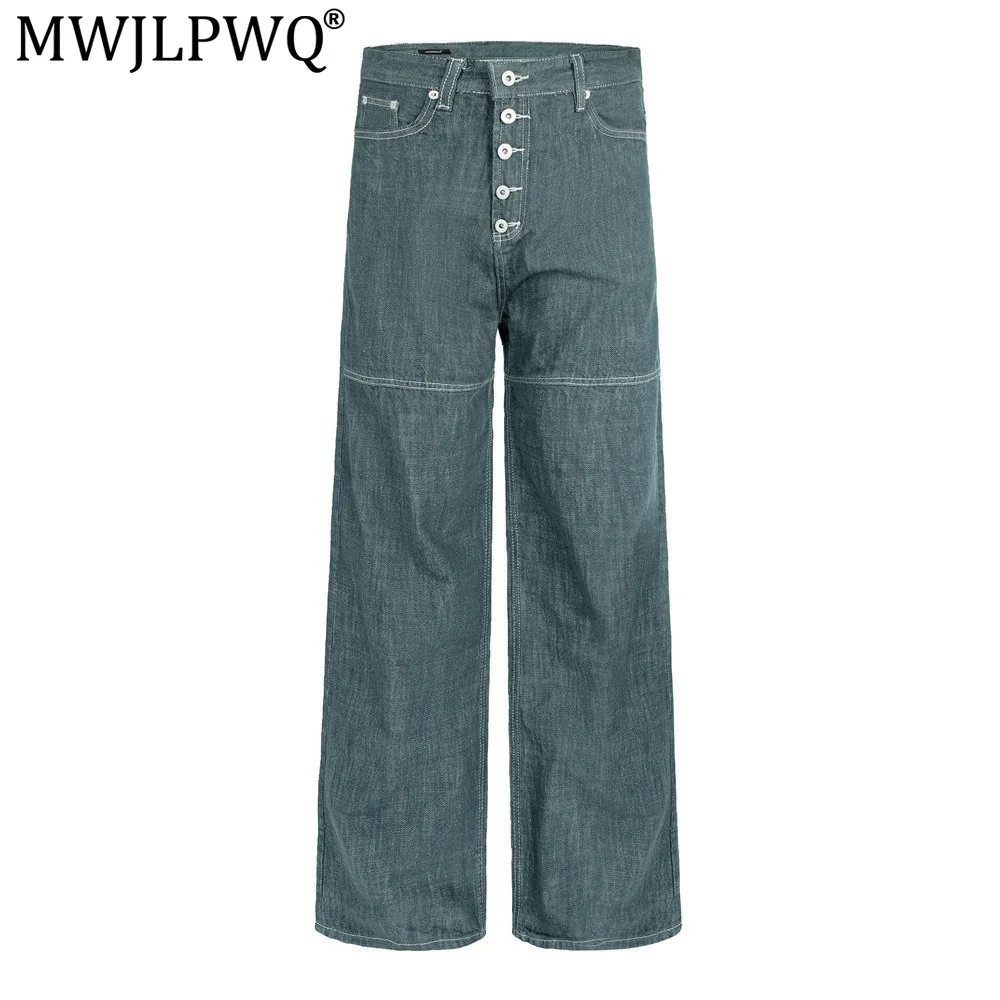 MWJLPWQ American Retro Style Button-Front Denim Pants Men Loose Fit Wide Legs Jeans Back Pocket Unique Straight Trousers 20992