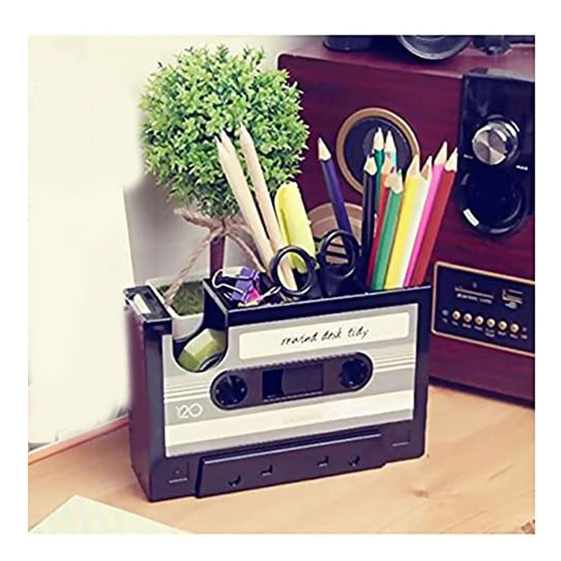 Dispensador de cinta con soporte para bolígrafo, dispensador de cinta de casete Retro, suministros de oficina Retro, dispensador de cinta lindo divertido