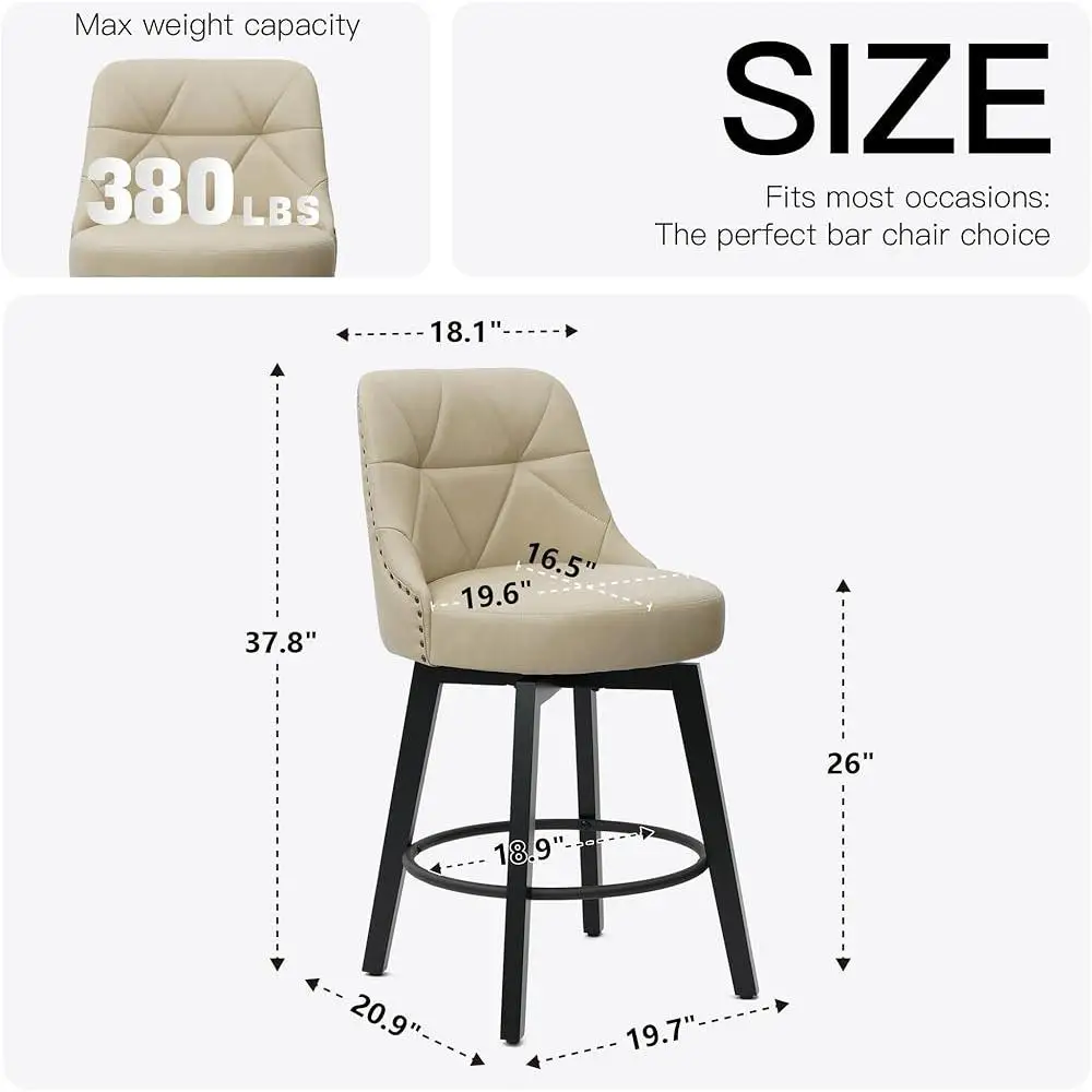 Swivel Bar Stools Set of 2 with Backrest Faux Leather Counter Height Kitchen Island Stool Ergonomic Memory Foam Padding Round