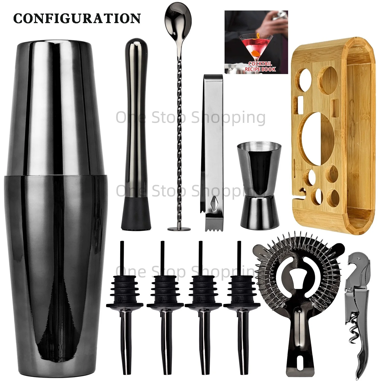 12PCS Cocktail Shaker Set Bartender Kit Bar Set Bamboo Stand Matini Shaker Mixing Spoon Muddler Jigger Cocksrew for Barware Set