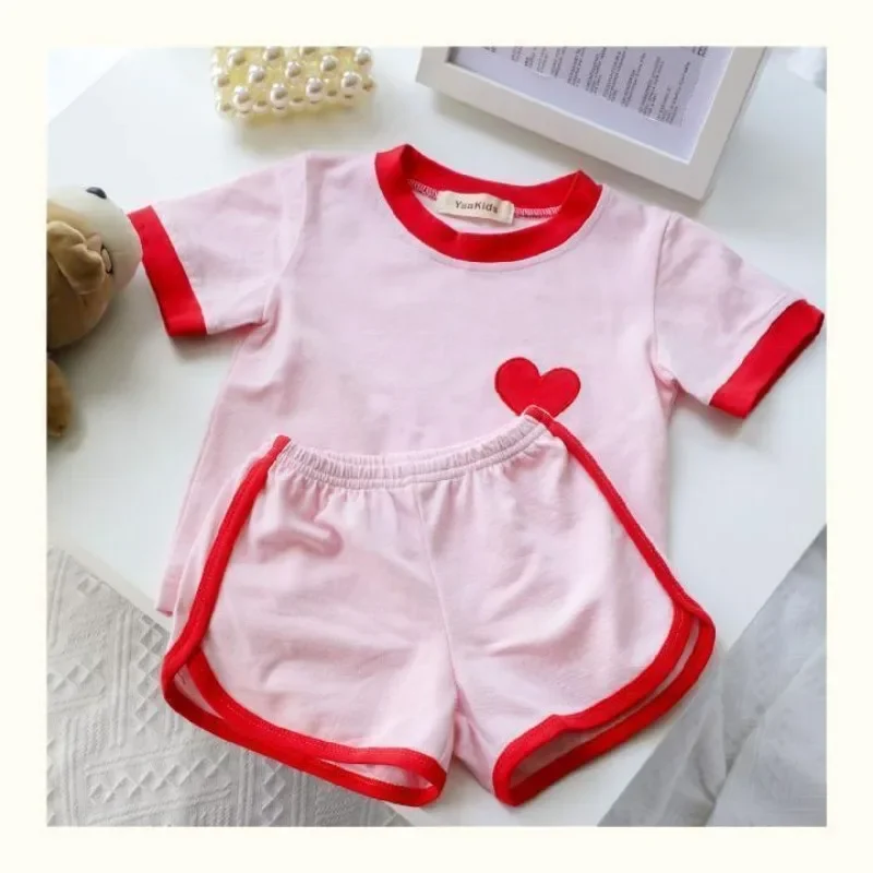 Summer Baby Girls Clothes Set Heart Print T-shirts and Shorts 2pcs Suit Kid Short Sleeve Top Bottom Sweet Ins Outfits Tracksuits