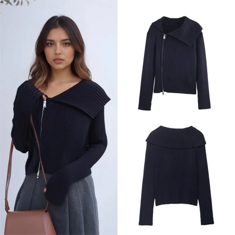 

Knitted Ribbed Cardigan Sweaters Woman Fashion Zipper Embellished Slim Fit Knitwears Coat 2025 New Autumn Cuasal Solid Outerwear