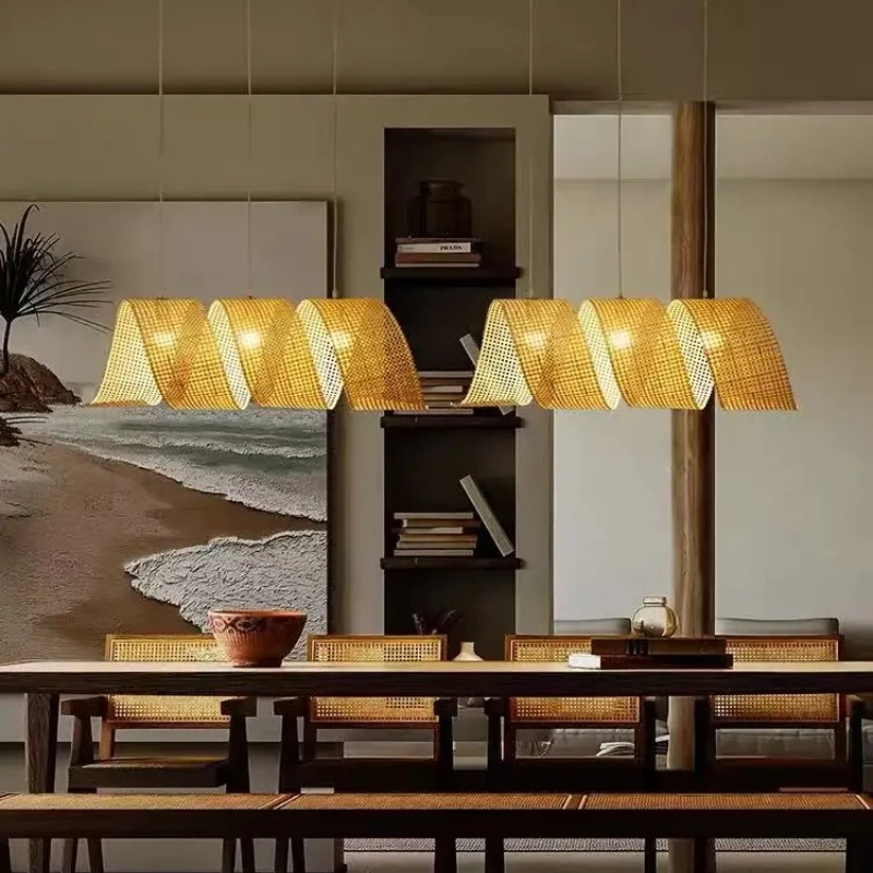 Wabi-sabi Zen Pendant Lights Bar Long Continuous Bamboo Wicker Art Creative Lamp for Tea Room Living Home Decoration Chandeliers