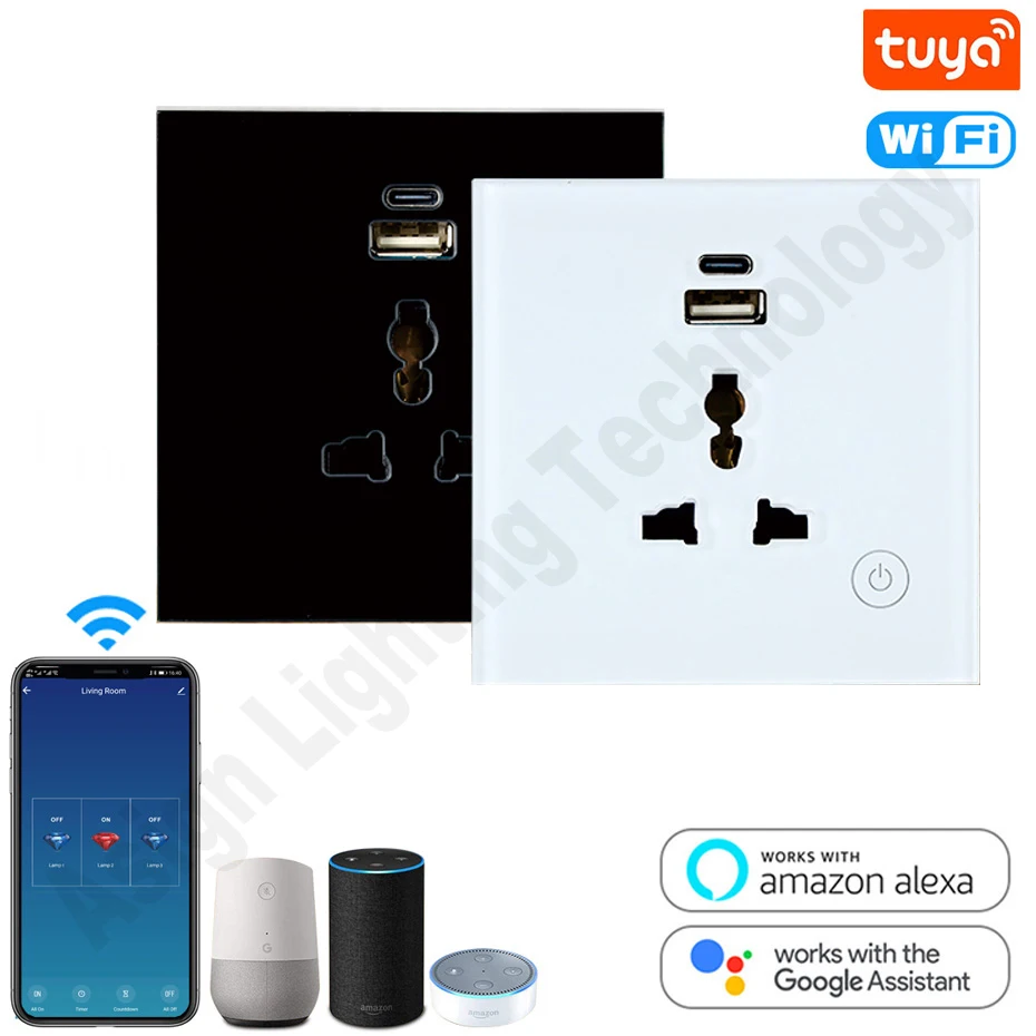 Tuya Smart  Wifi Touch Wall Switch 110V 220V Universal Socket and USB Charging Port & Type C Work with APP Voice Control