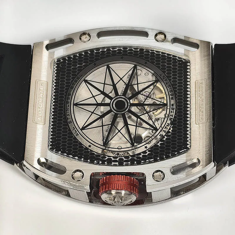 TVSILA Original Miyota Men's Automatic Mechanical Watch Stainless Steel Case Silicone Band Skeleton Waterproof Sport Wristwatch