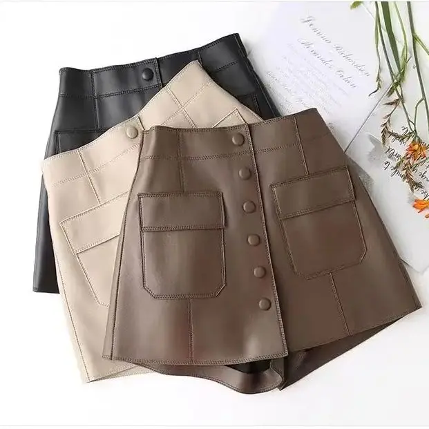 Single-Breasted Leather Shorts Women Autumn Winter New Elastic Waist Design Versatile Slimming Solid Color A-Line Short Culottes