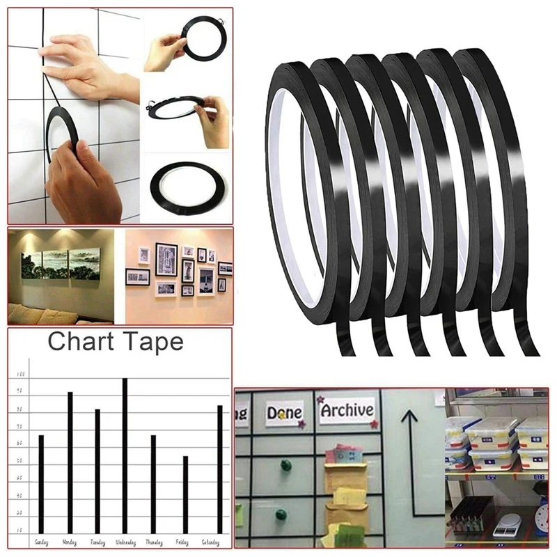 Whiteboard Pinstripe Tape 1/8Inch Thin White Board Dry Erase Line Gridding Tape (Black)