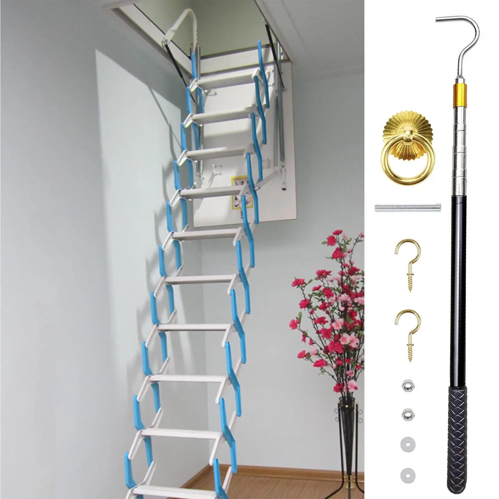 Ladder Pull Down System Kit Loft Stairs Pull Down Household Reach Rod Tool Storage Hook Retractable Extends from 22