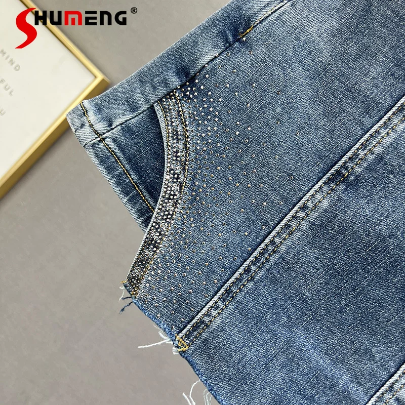 Rhinestone Denim Shorts Women's Culottes 2022 New Summer Wear Stretchy High Waist Slimming Short Jeans Wide Leg Hot Pants