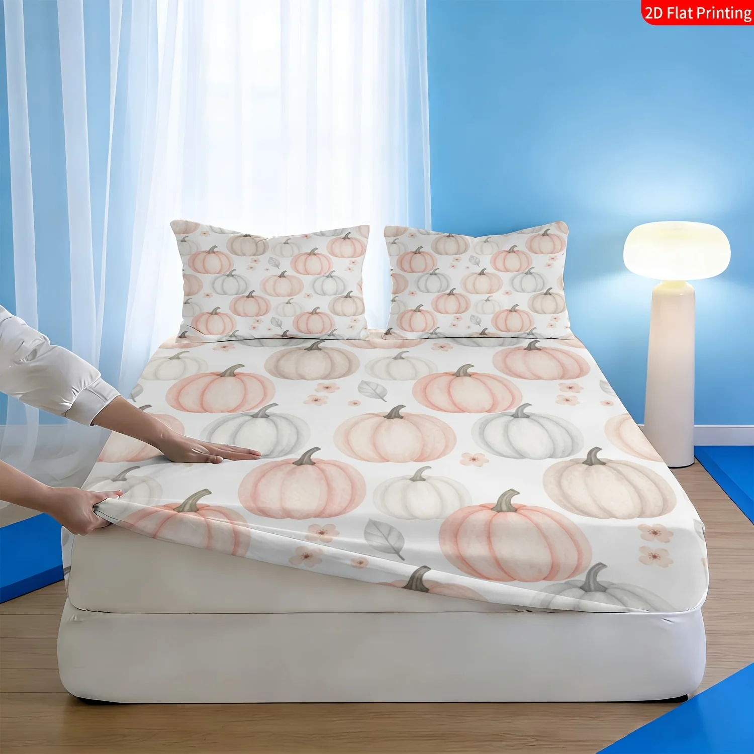 Modern Watercolor Pumpkin Bedding Set Autumn Harvest Bedding, Fitted Sheet and Pillowcases Three-Piece Bedding Set (Includes 1 Fitted Sheet + 2 Pillowcases) 3-Piece Set, Large Capacity Deep Pocket 2D Printed Fitted Sheet and 2 Pillowcases Bedding Mattress Protector, Fitted Elastic Style, Protective Cover, Mattress Protector, Suitable for All Seasons, Machine Washable Design, Holiday Decoration, Various Sizes, Breathable Protective Cover with Pillowcases
