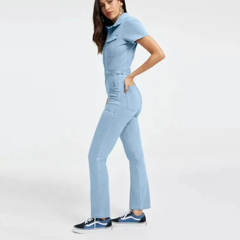 

Plus Size Denim Jump Suits for Women Fashion Jeans Slim Short Sleeve Turn Down Collar Overalls Rompers Female One-piece Pants