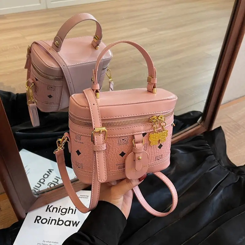

Sweet Cute Cartoon Print Shoulder Bag Women Leather Compact Handheld Box Bucket Bag Ladies Fashion Luxury Casual Crossbody Bags