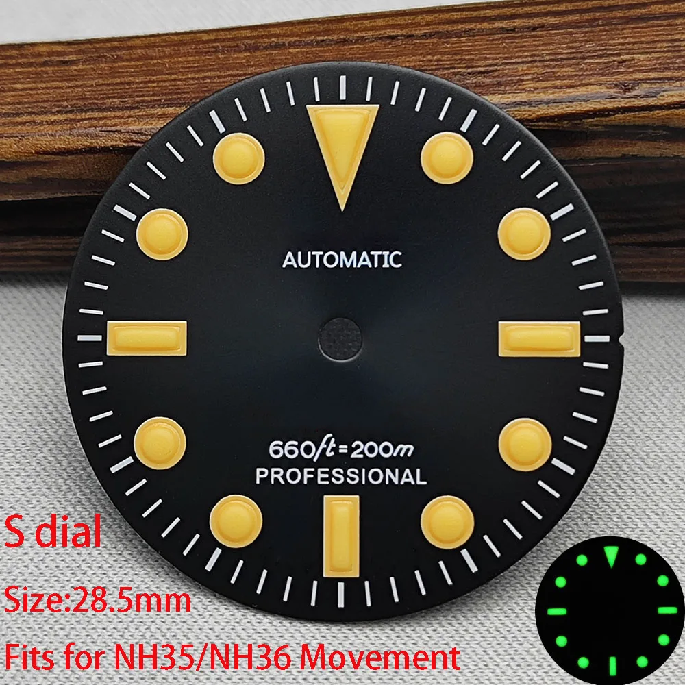 28.5mm NH35 dial High Quality retro dial S dial green luminated dial suitable for NH35 NH36 movement watch accessories